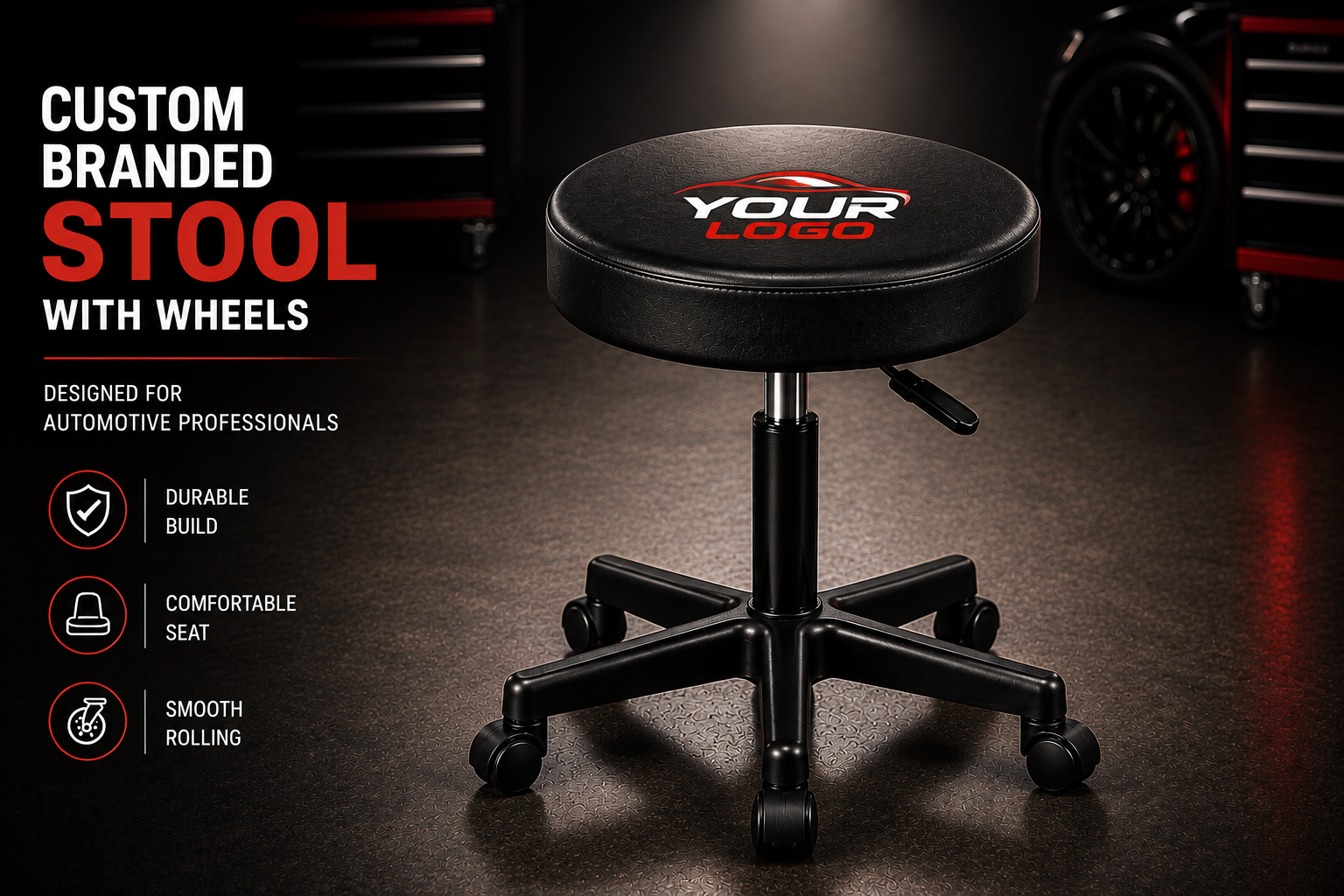 Custom Branded Automotive Stool with Wheels