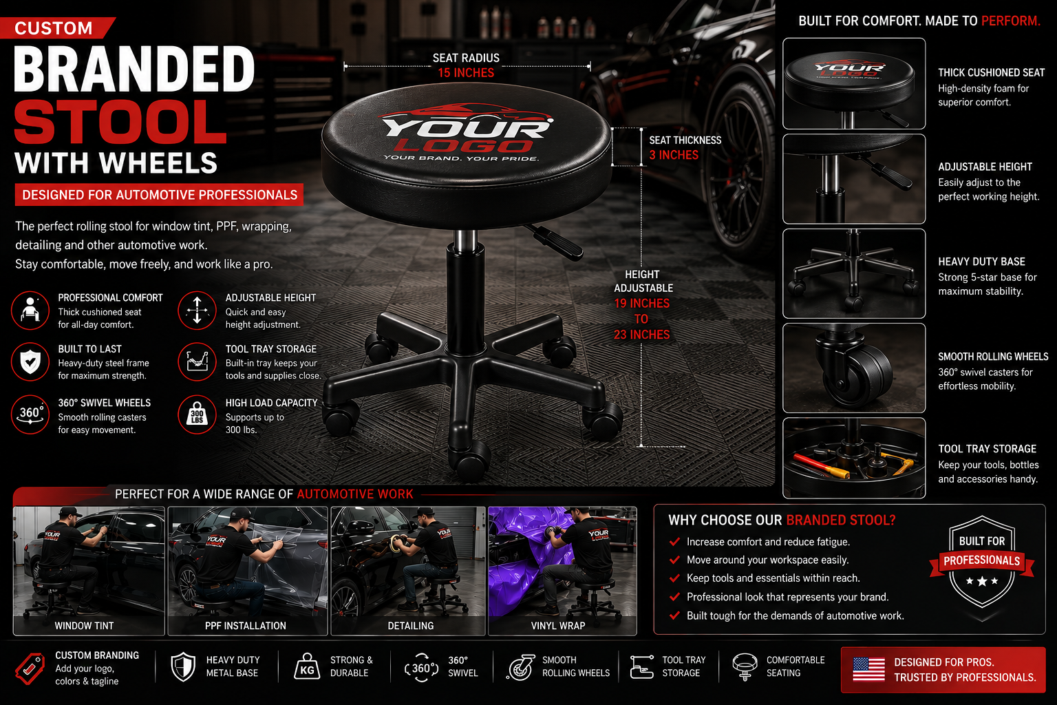 Custom Branded Automotive Stool with Wheels